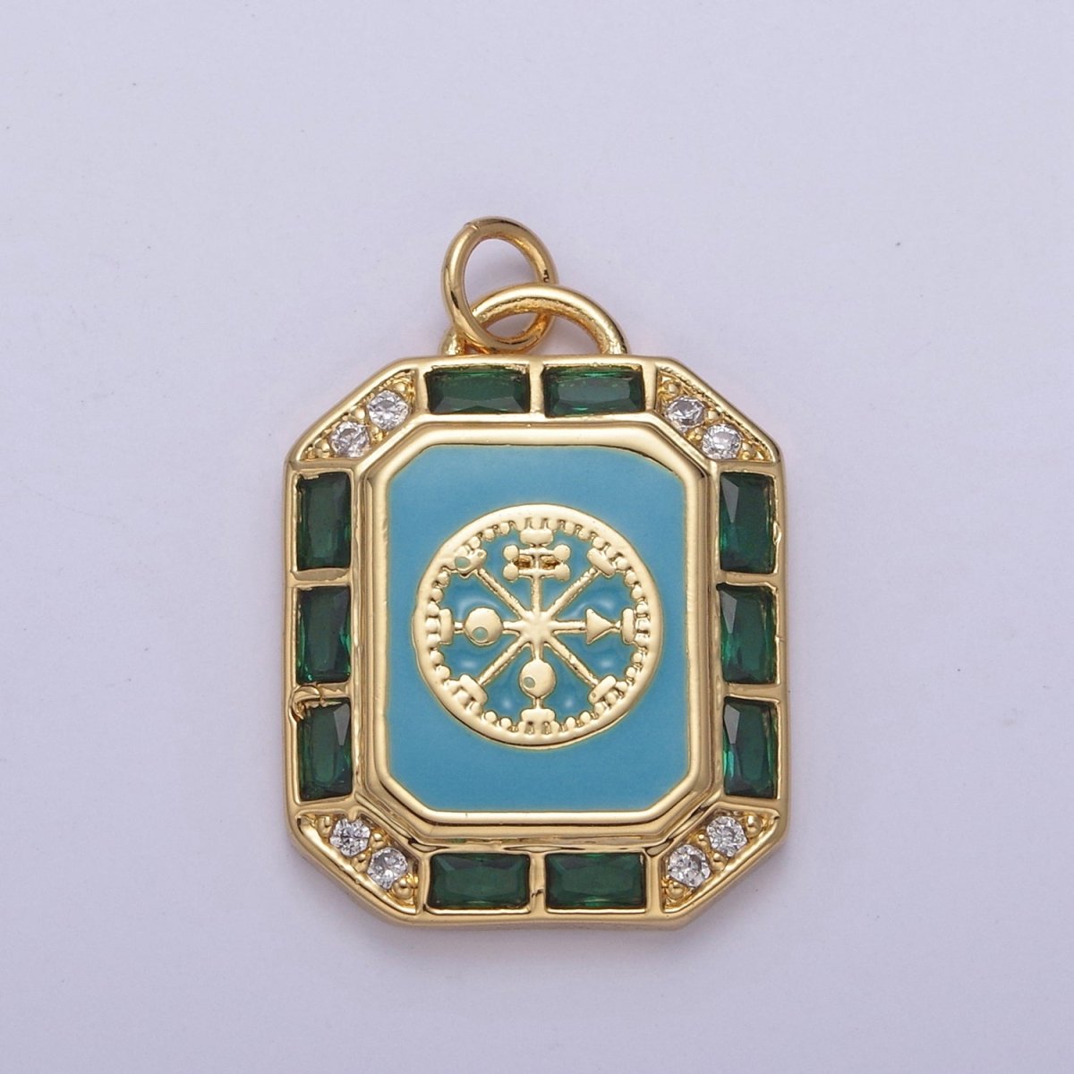 24K Gold Filled Blue / Teal Enamel  Tag Tile Compass Baguette Octagonal Charm E-774 N-746