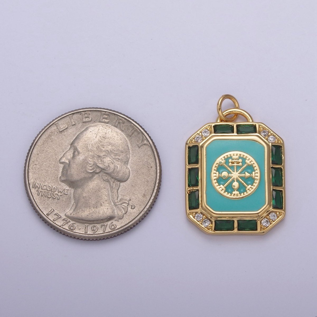 24K Gold Filled Blue / Teal Enamel  Tag Tile Compass Baguette Octagonal Charm E-774 N-746