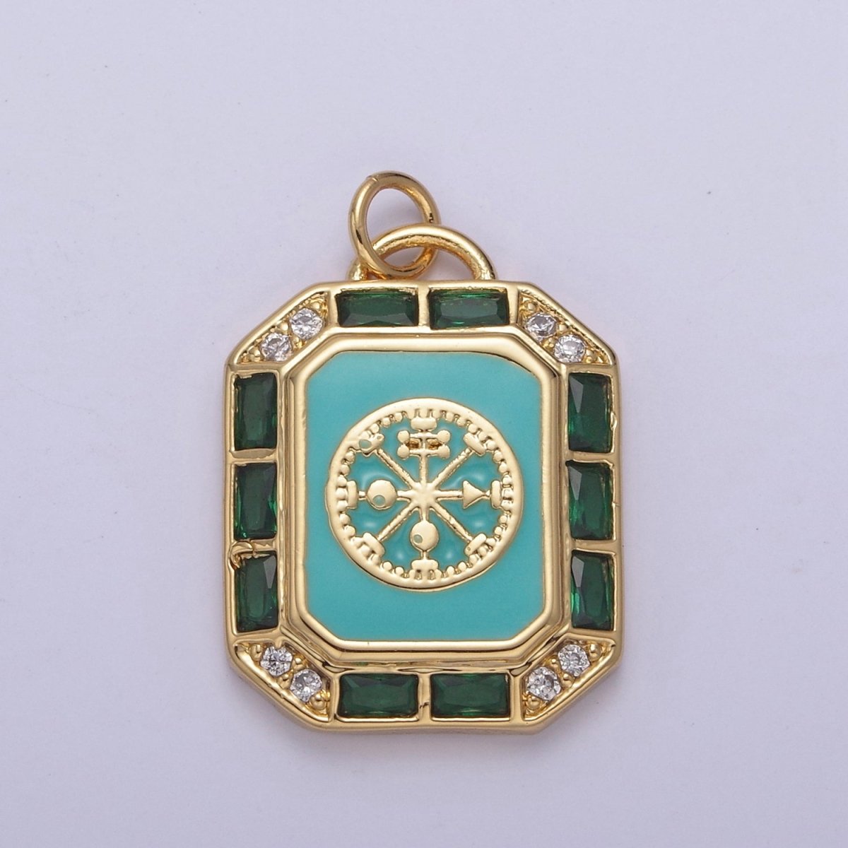 24K Gold Filled Blue / Teal Enamel  Tag Tile Compass Baguette Octagonal Charm E-774 N-746