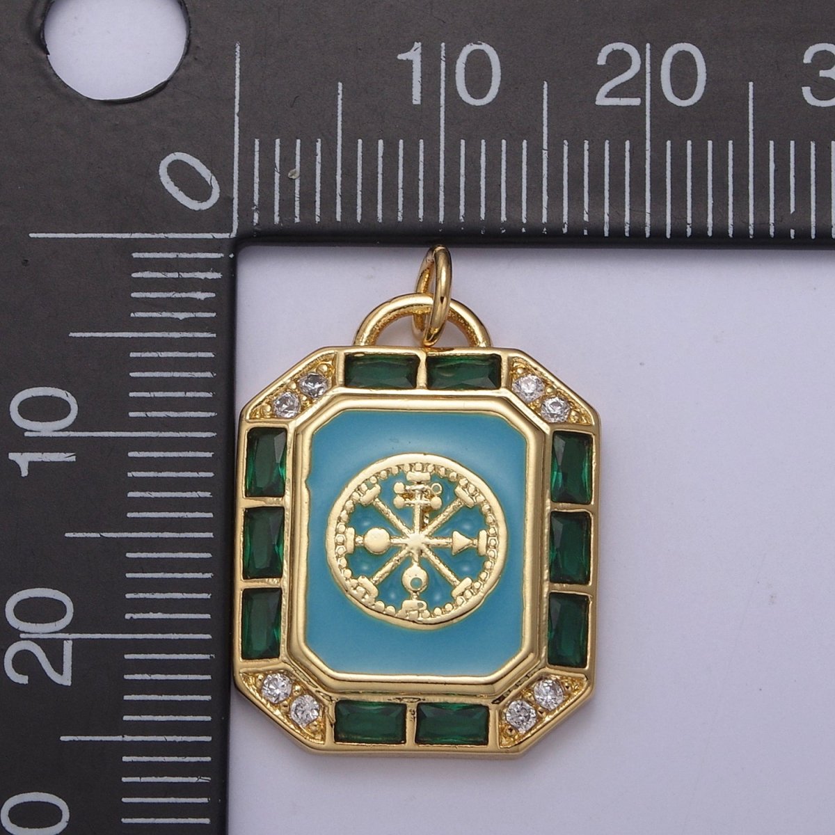 24K Gold Filled Blue / Teal Enamel  Tag Tile Compass Baguette Octagonal Charm E-774 N-746