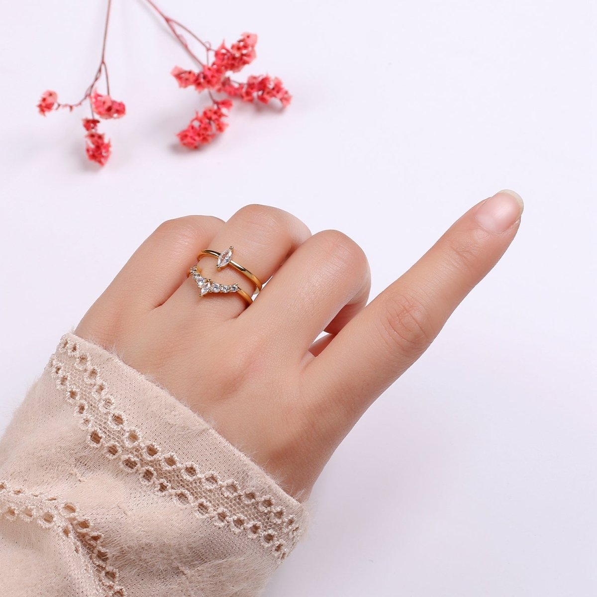 24K Gold Filled Crystal Double Layer Adjustable Ring - R321