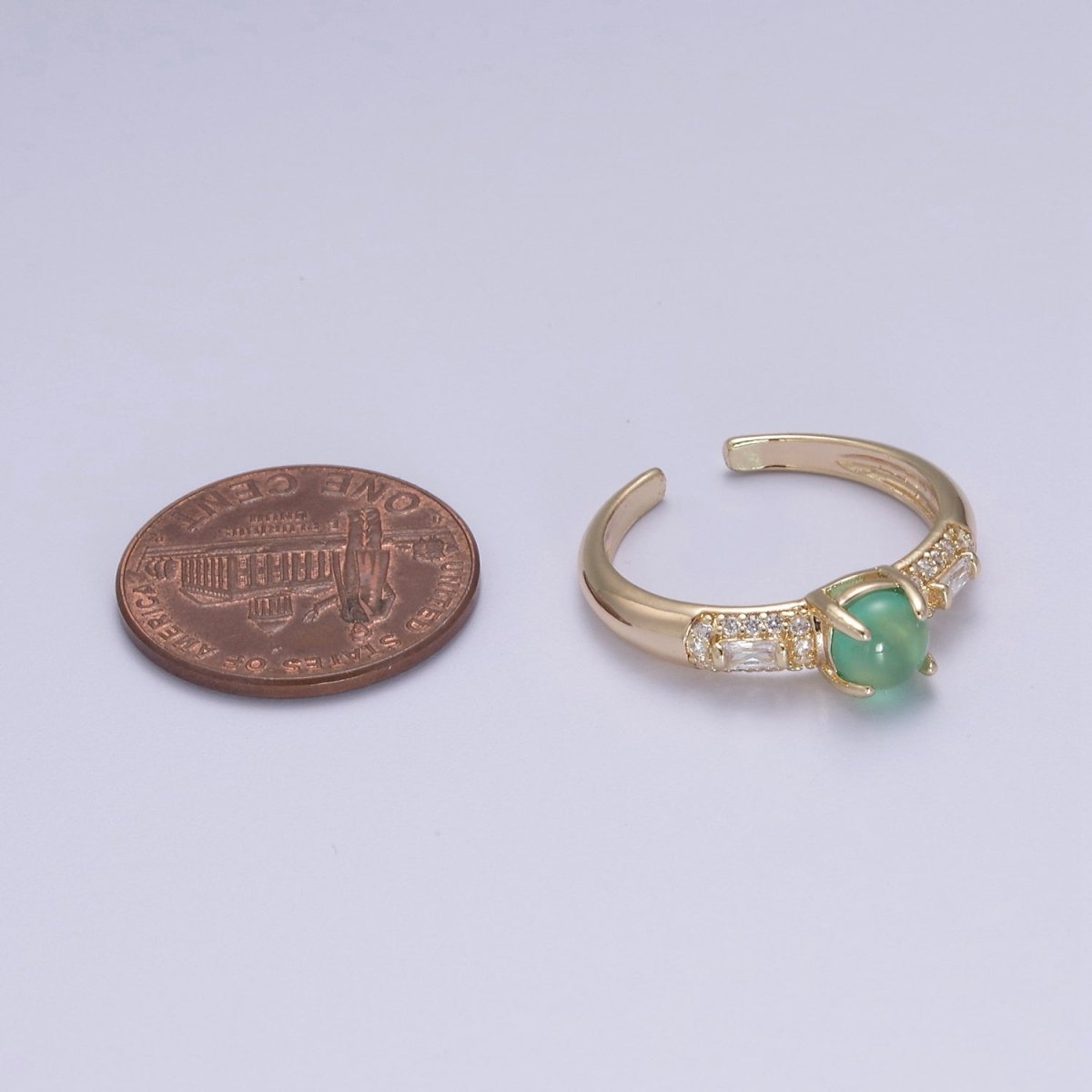24K Gold Filled Green Stone on Micro Pave CZ Crystal Cubic Zirconia  Adjustable Open Ring S-355