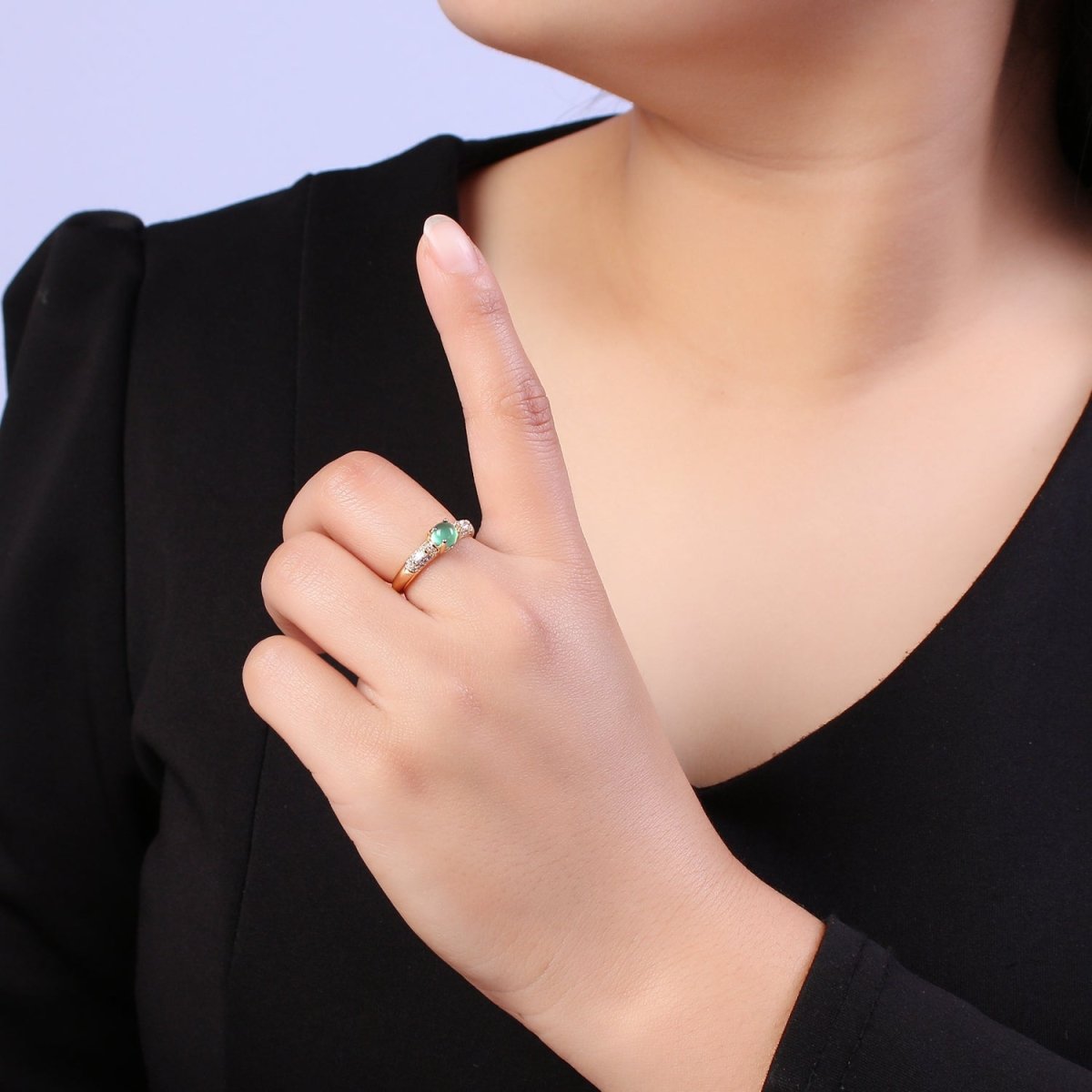 24K Gold Filled Green Stone on Micro Pave CZ Crystal Cubic Zirconia  Adjustable Open Ring S-355