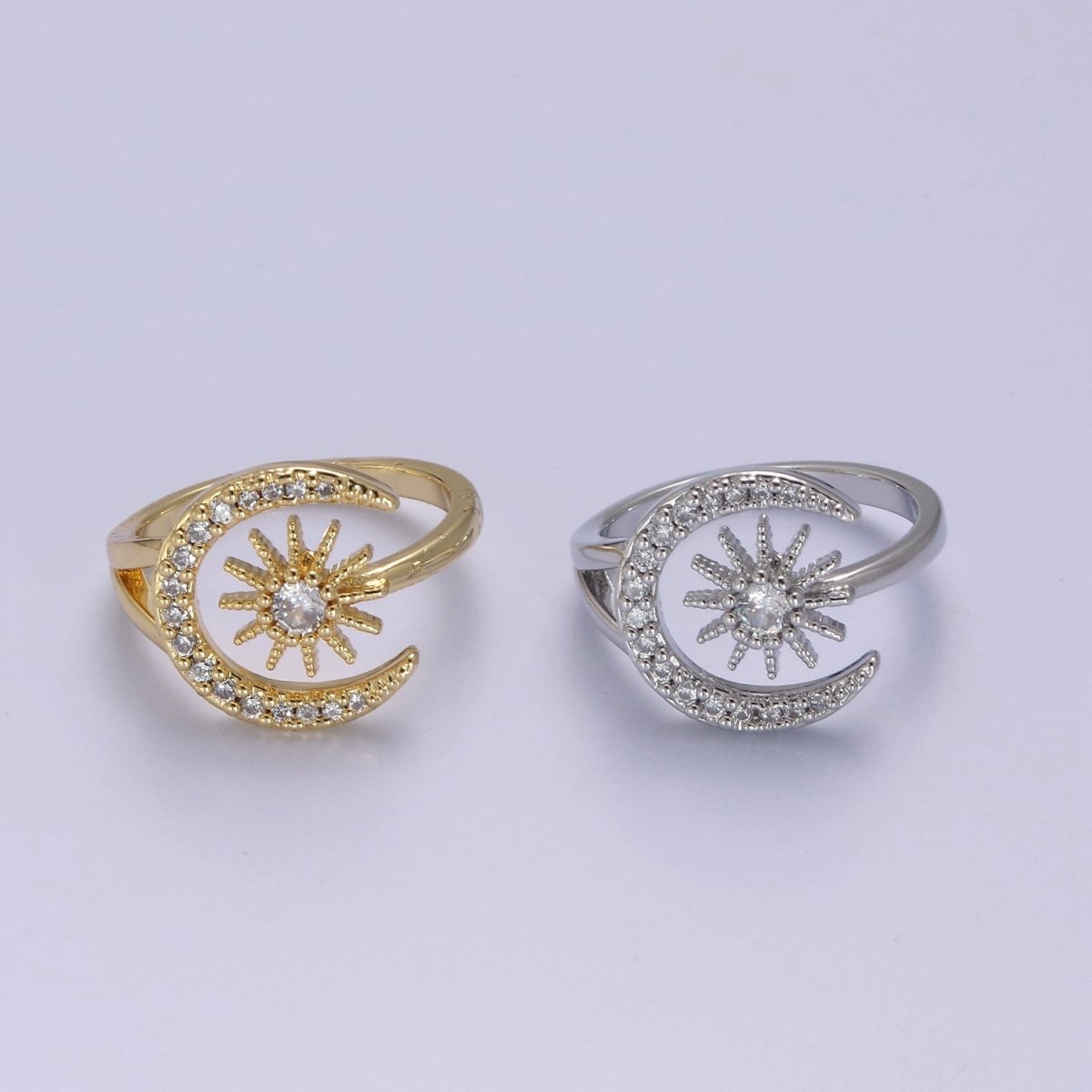 24K Gold Filled Micro Pave Crystal Cubic Zirconia Celestial Ring, Crescent Moon, Star Sun Adjustable Ring in Gold & Silver S-343 S-344