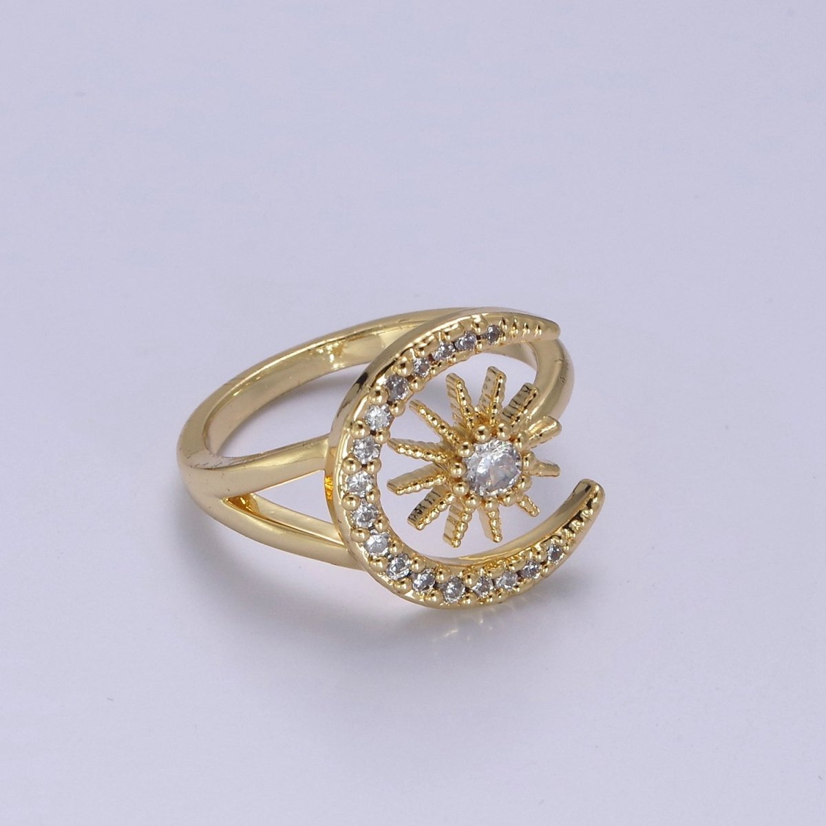 24K Gold Filled Micro Pave Crystal Cubic Zirconia Celestial Ring, Crescent Moon, Star Sun Adjustable Ring in Gold & Silver S-343 S-344