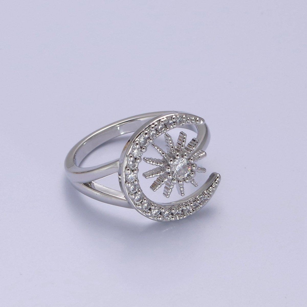 24K Gold Filled Micro Pave Crystal Cubic Zirconia Celestial Ring, Crescent Moon, Star Sun Adjustable Ring in Gold & Silver S-343 S-344