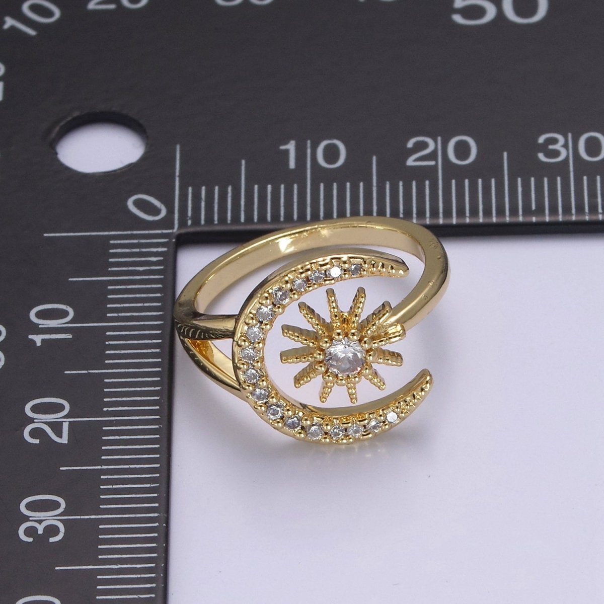24K Gold Filled Micro Pave Crystal Cubic Zirconia Celestial Ring, Crescent Moon, Star Sun Adjustable Ring in Gold & Silver S-343 S-344