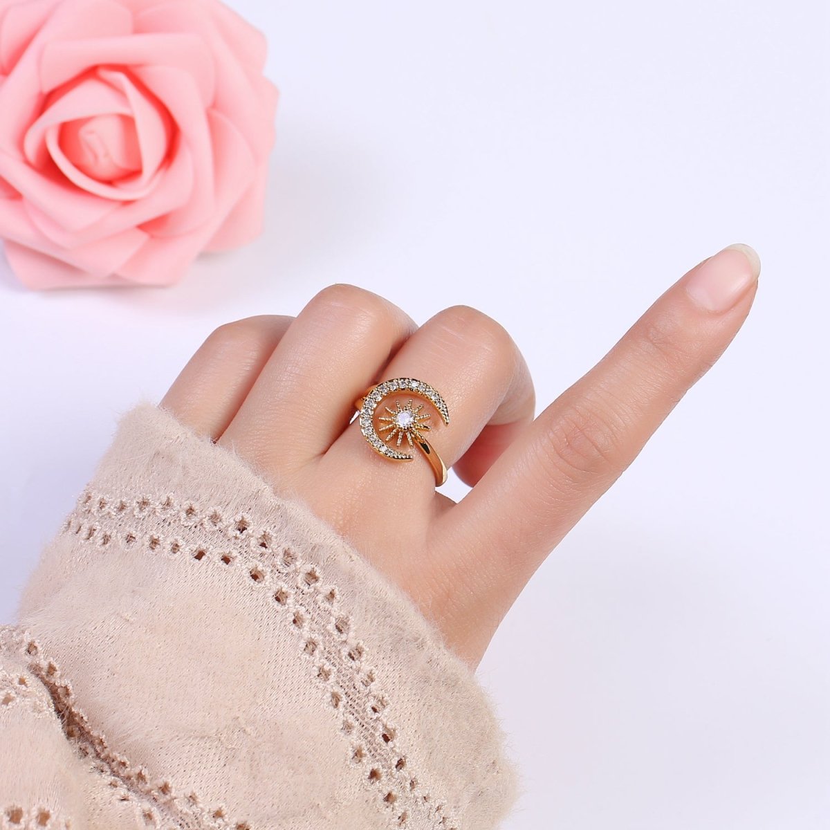 24K Gold Filled Micro Pave Crystal Cubic Zirconia Celestial Ring, Crescent Moon, Star Sun Adjustable Ring in Gold & Silver S-343 S-344