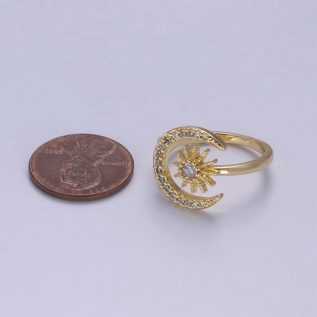 24K Gold Filled Micro Pave Crystal Cubic Zirconia Celestial Ring, Crescent Moon, Star Sun Adjustable Ring in Gold & Silver S-343 S-344