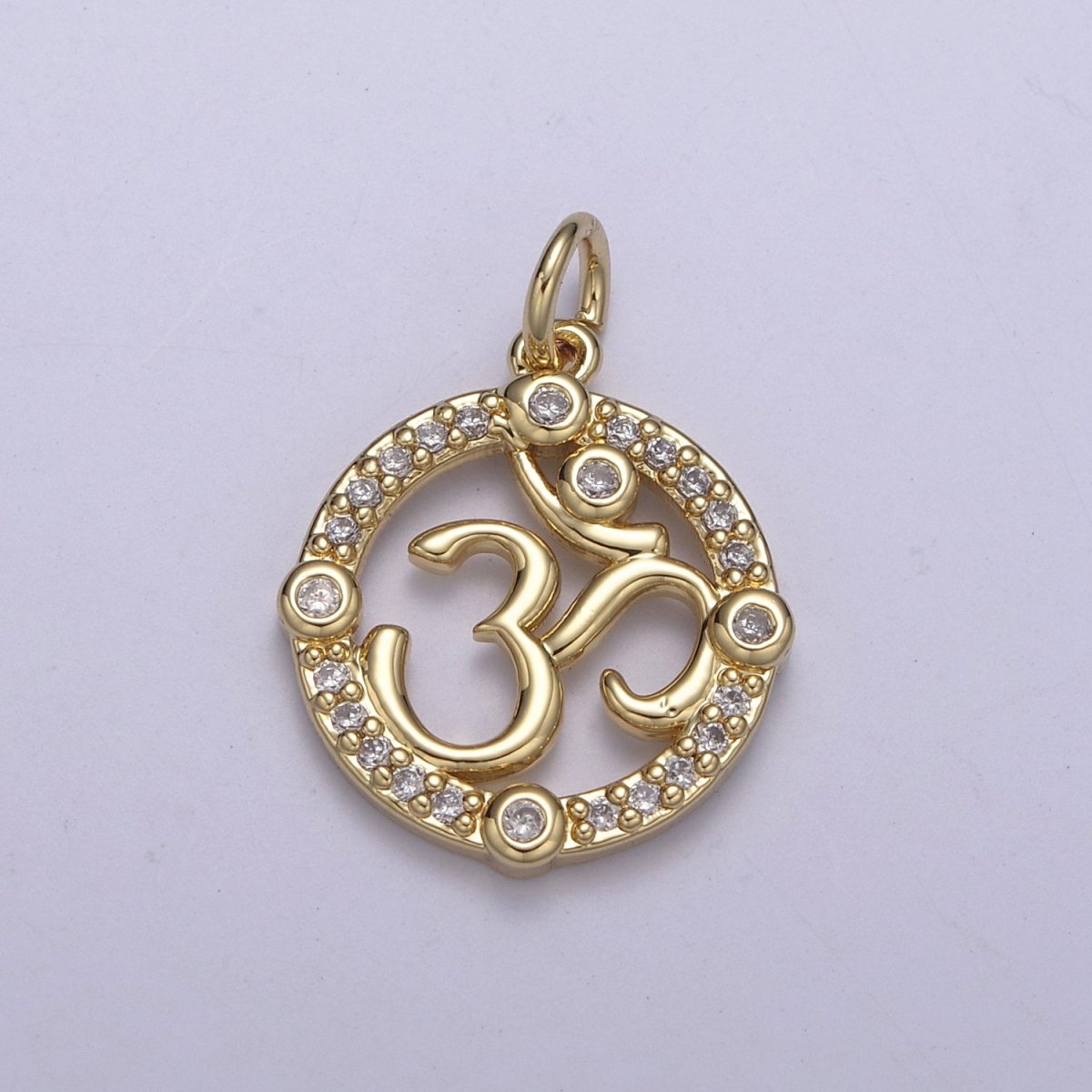24K Gold Filled Micro Paved CZ Hindu Om Symbol Round Charm N-248