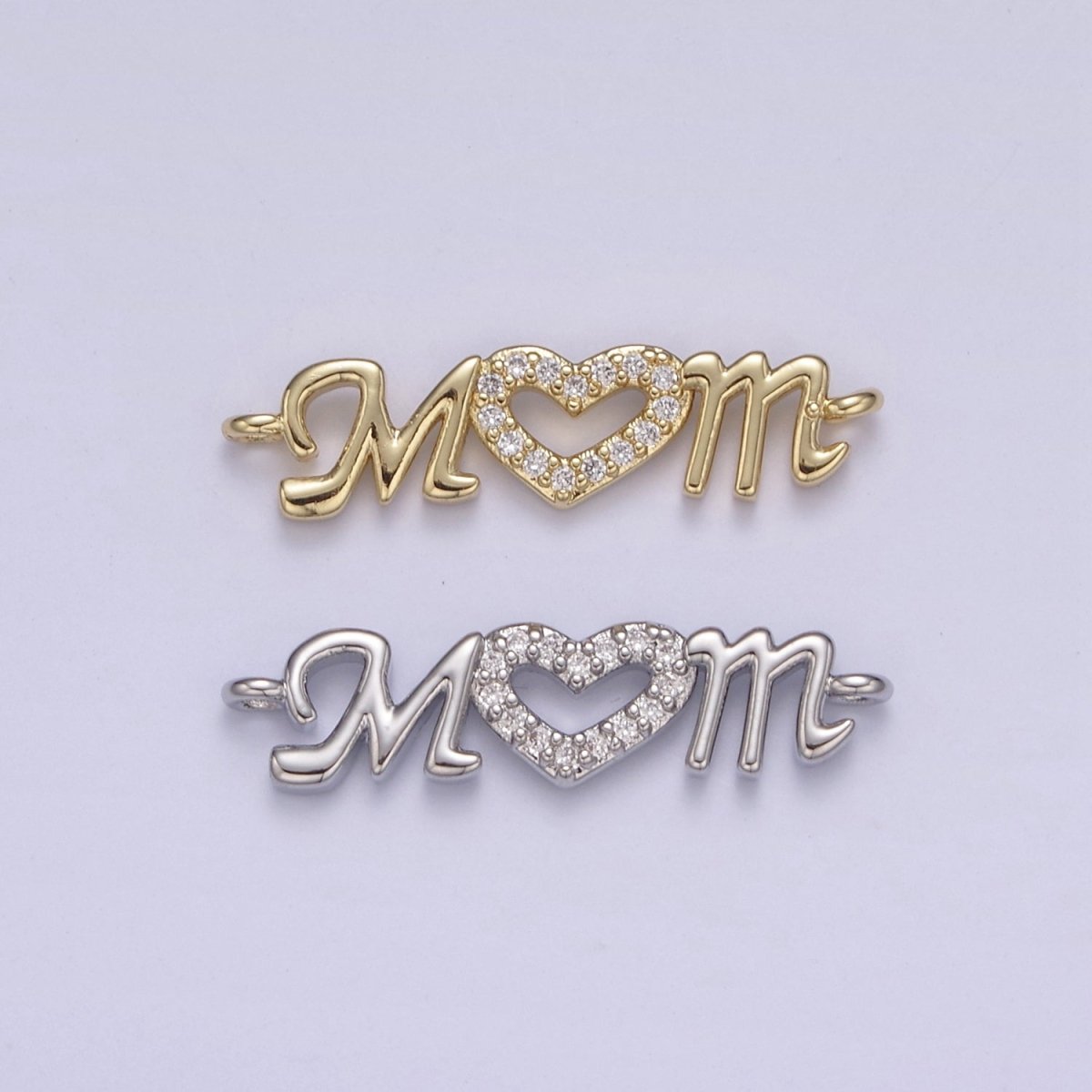 24K Gold Filled Mom Link Connector Silver Micro Pave CZ Heart Charm Connector Mother with Heart Micro Pave CZ Connector  F-815 F-816