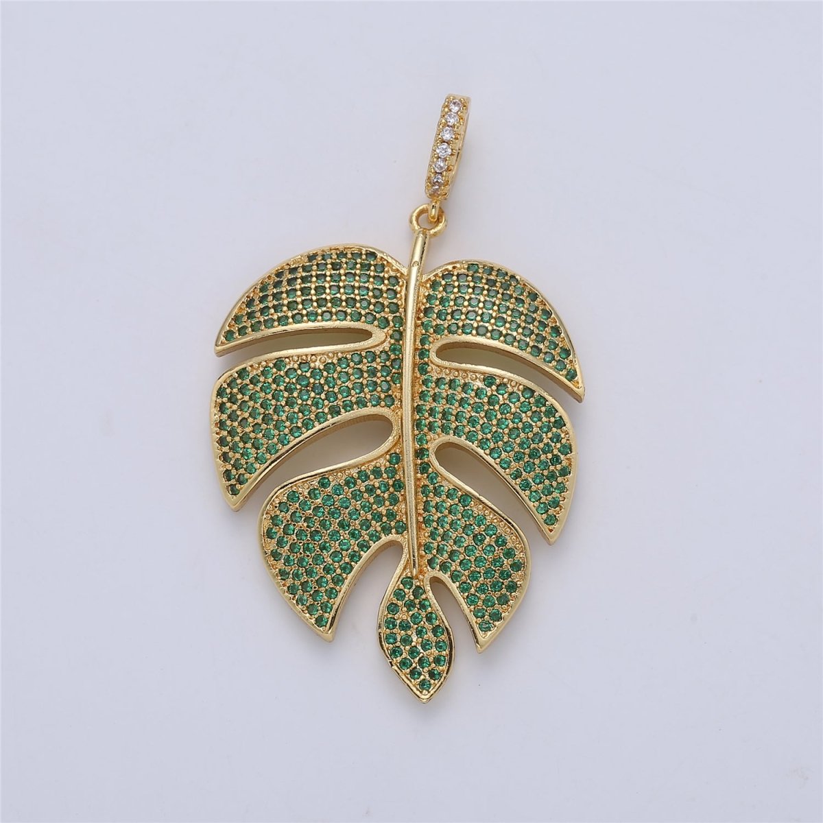 24K Gold Filled Monstera Palm Leaf Green Mircro Paved CZ Pendant  I-165