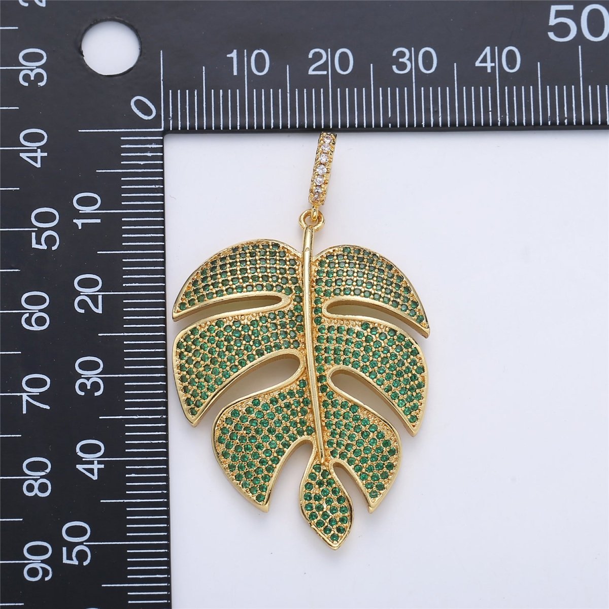 24K Gold Filled Monstera Palm Leaf Green Mircro Paved CZ Pendant  I-165