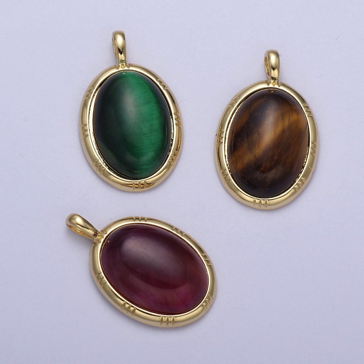24K Gold Filled Oval Tiger Eye, Dark Green Aventurine, Carnelian Natural Healing Gemstone Pendant H-332 - H-334