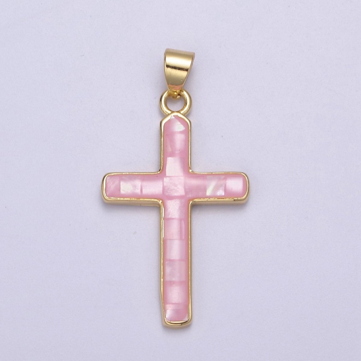 24K Gold Filled Pink / Green / Blue Opal Shell Religious Minimalist Cross Pendant H-745 H-747 H-763