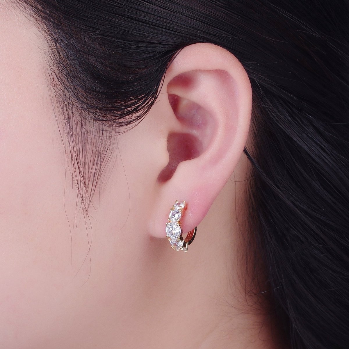 24K Gold Filled Round Clear CZ Lined Huggie Hoop Earrings | T-430