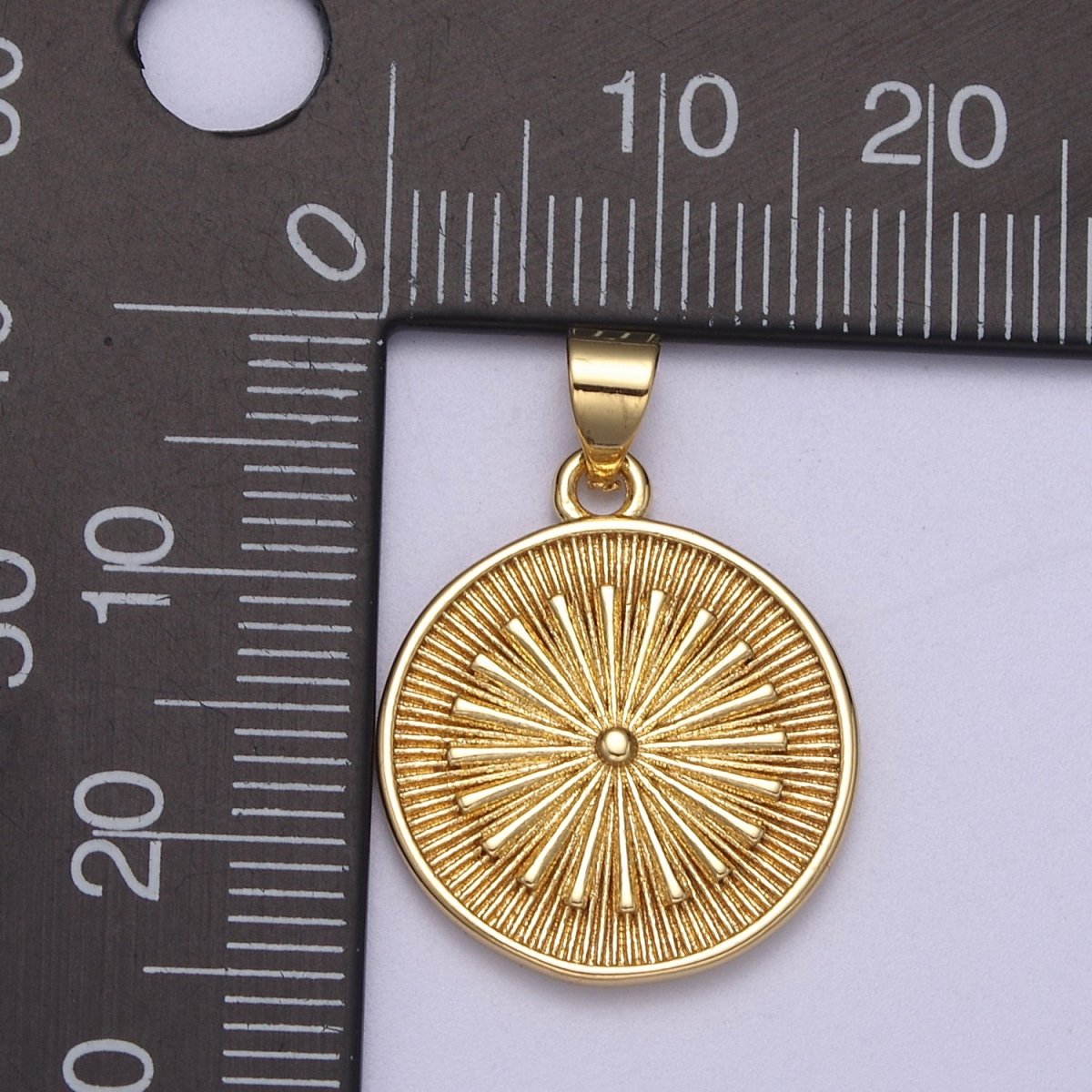 24k Gold Filled Round Coin Medallion Pendant, Sunburst Charm Necklace, Geometric Celestial Jewelry Supply H-393