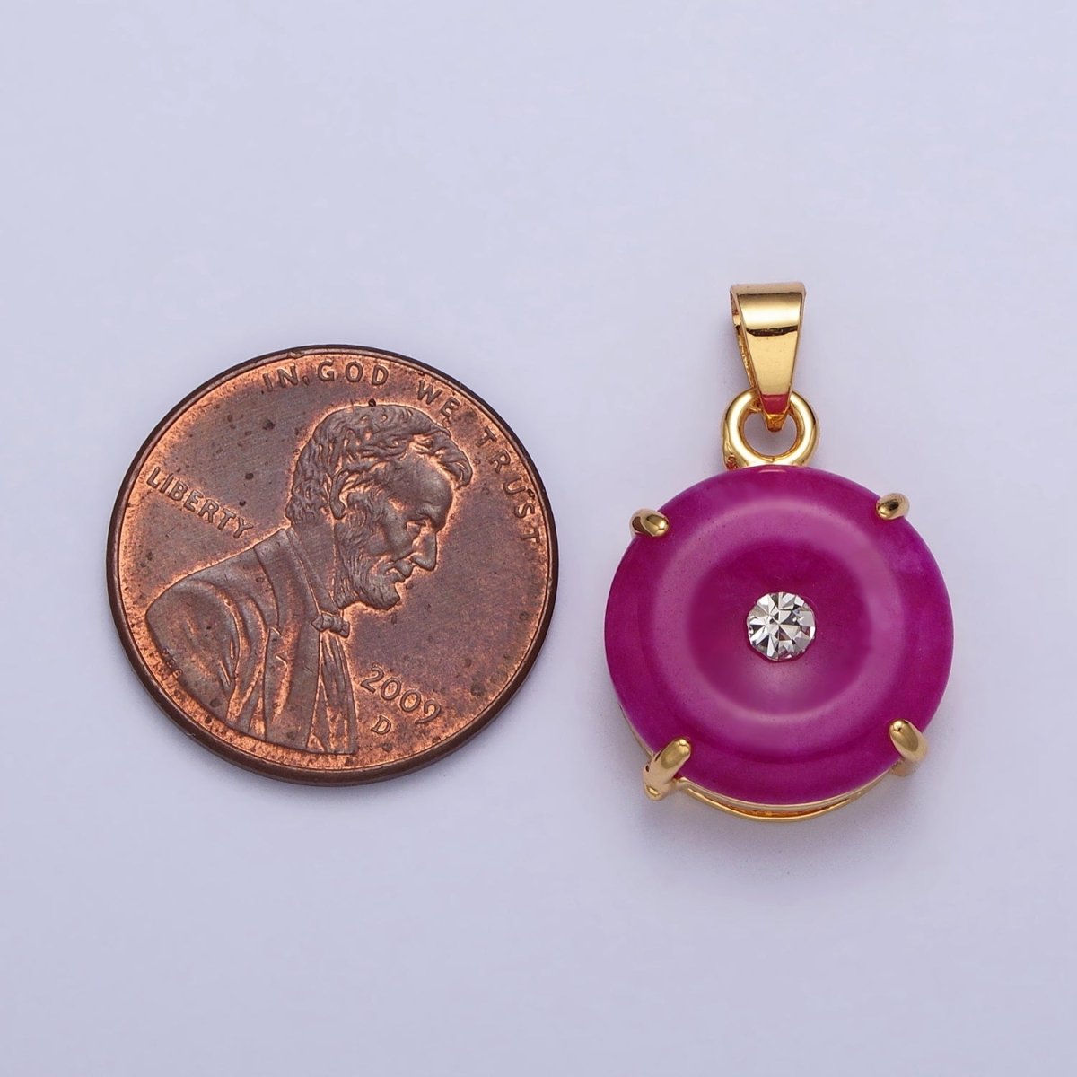24k Gold Filled Round Jade Stone charm, Green, Purple Donut Stone Pendant w/ Micro Pave Stone Pendant W-640 W-641 AA-099 AA-100