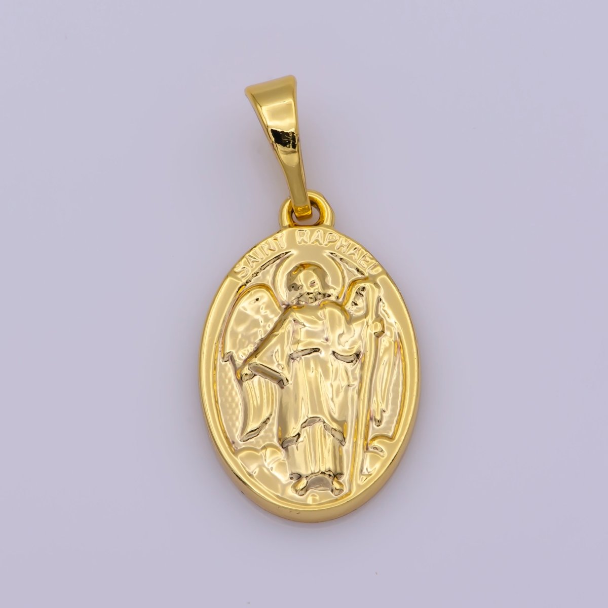 24k Gold Filled Saint Raphael Oval Pendant Double Sided Religious Charm N-1441