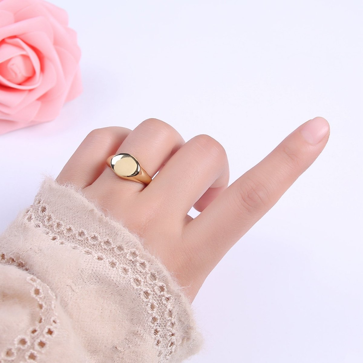 24K Gold Filled Signet Ring, Minimalist Adjustable Stackable Ring, Gift For Him Her | U-470
