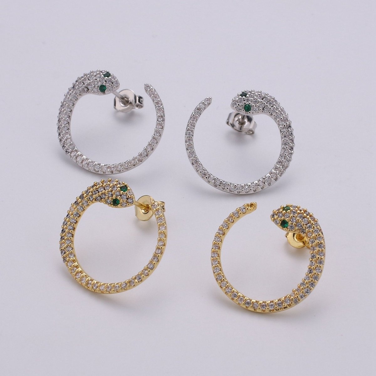 24k Gold Filled Snake Stud Earring, Micro Pave Snake Earring for DIY Earring Craft Supply Jewelry Making Supply Silver Serpent Earring Stud Q-140 Q-141