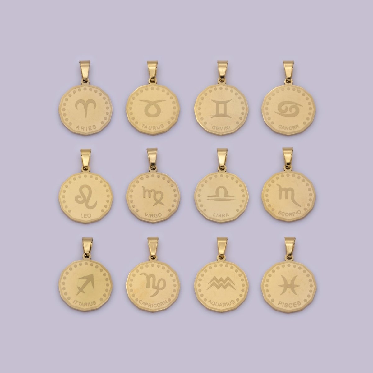 24K Gold Filled Stainless Steel Zodiac Horoscope Sign Gold Medallion Pendant | A-A1851-A-A1856