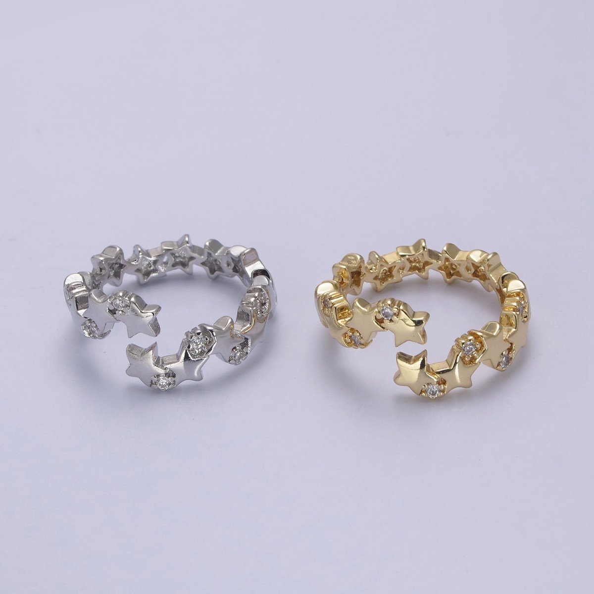 24K Gold Filled Star Link Chain Open Ring, Celestial Statement Ring with Crystal Zirconia CZ in Gold & Silver S-323 S-324