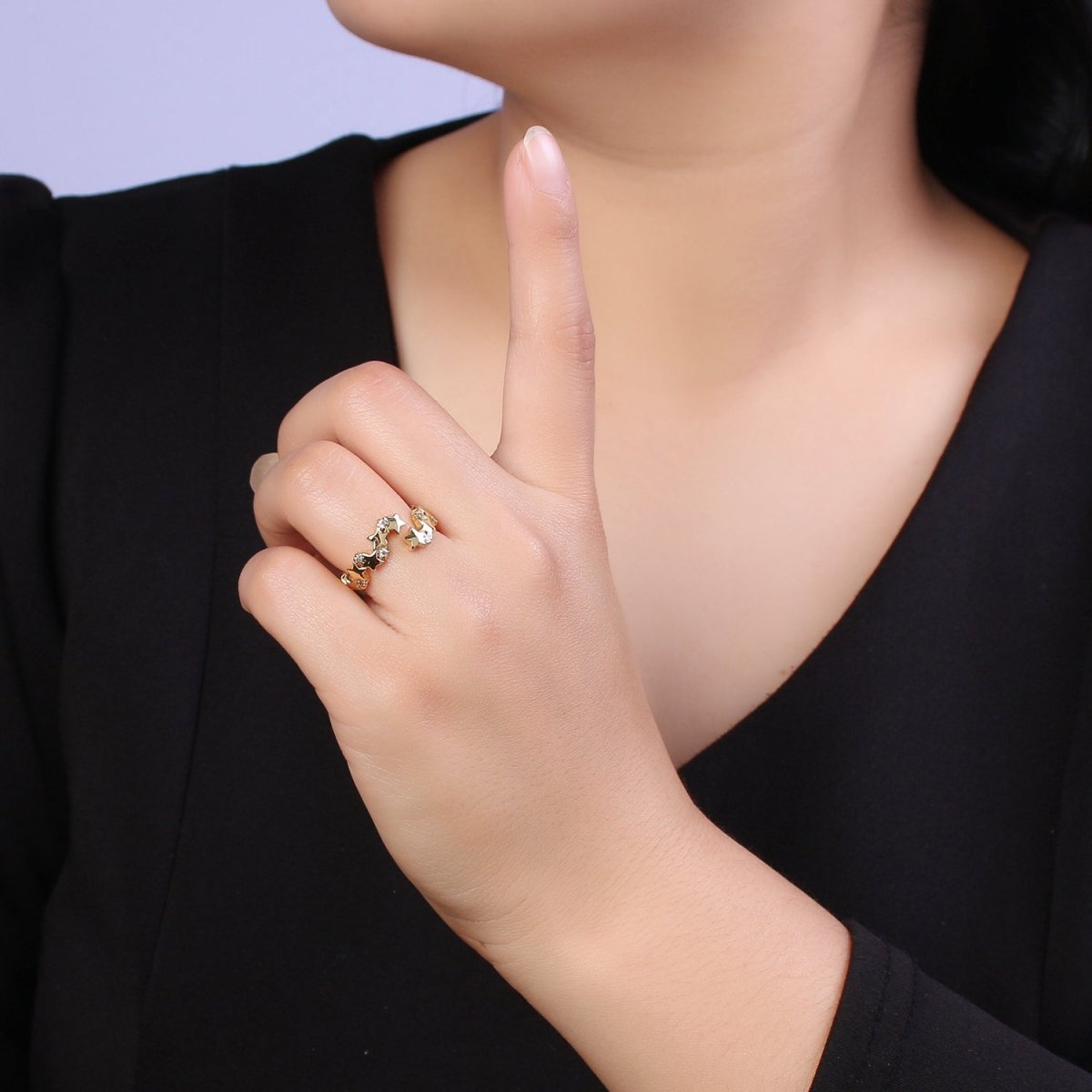 24K Gold Filled Star Link Chain Open Ring, Celestial Statement Ring with Crystal Zirconia CZ in Gold & Silver S-323 S-324