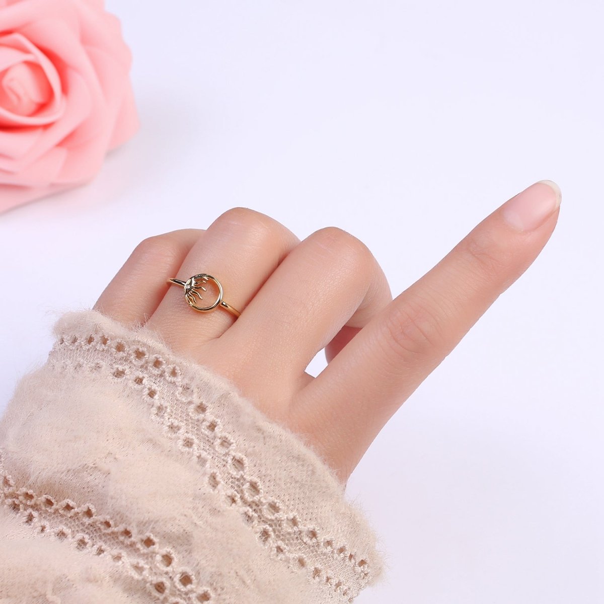 24K Gold Filled Sun Ring, Celestial Astrology Golden Ring with Crystal Cubic Zirconia CZ S-334