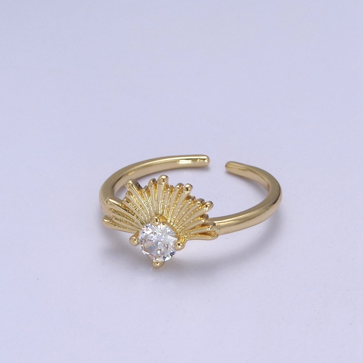 24K Gold Filled Sunburst Sun Crystal Zirconia CZ 24K Gold Promise Ring, Open Adjustable Ring | U-385