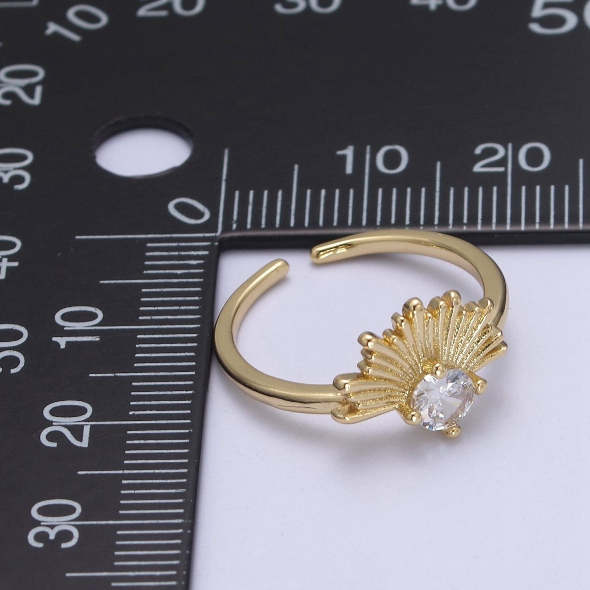 24K Gold Filled Sunburst Sun Crystal Zirconia CZ 24K Gold Promise Ring, Open Adjustable Ring | U-385