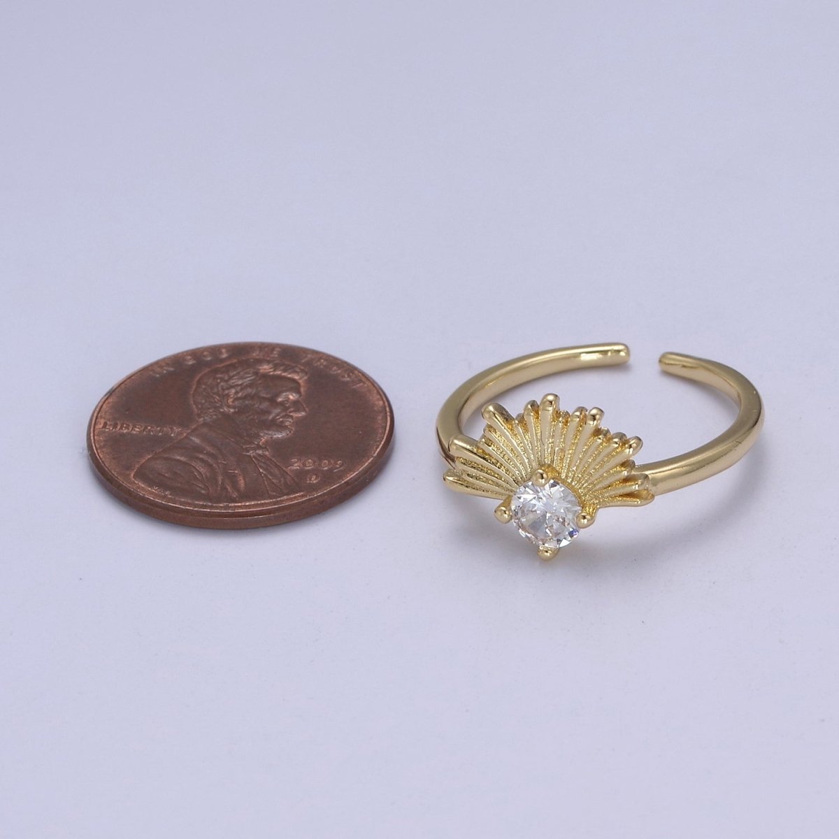 24K Gold Filled Sunburst Sun Crystal Zirconia CZ 24K Gold Promise Ring, Open Adjustable Ring | U-385