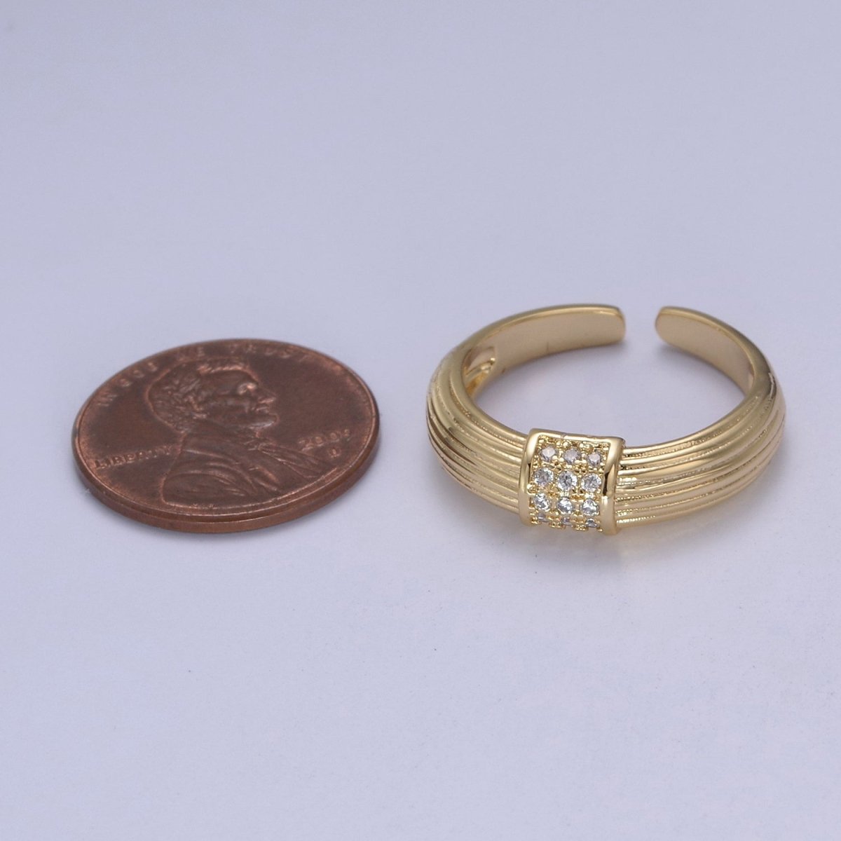 24K Gold Filled Textured Gold Band with Clear Crystal Zirconia, Open Adjustable Ring | U-382