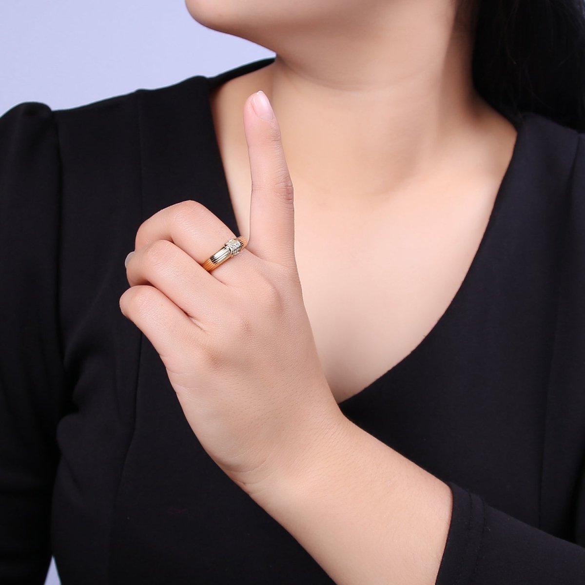 24K Gold Filled Textured Gold Band with Clear Crystal Zirconia, Open Adjustable Ring | U-382