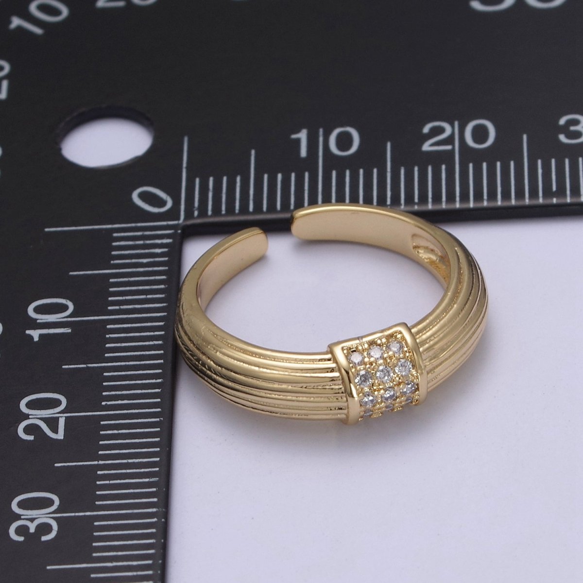 24K Gold Filled Textured Gold Band with Clear Crystal Zirconia, Open Adjustable Ring | U-382