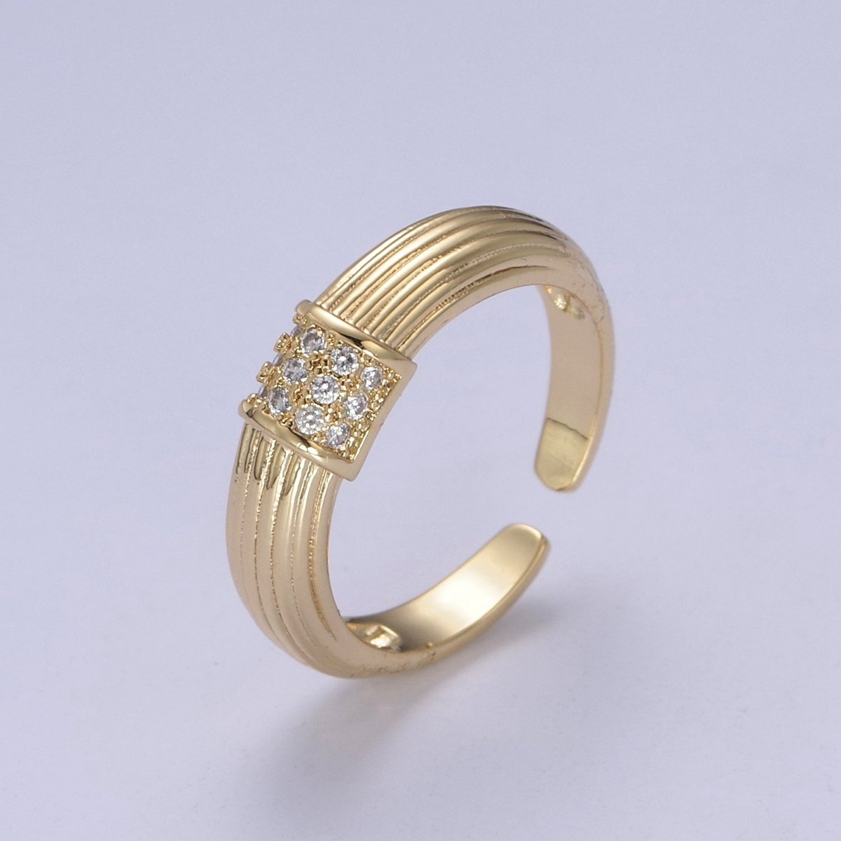 24K Gold Filled Textured Gold Band with Clear Crystal Zirconia, Open Adjustable Ring | U-382