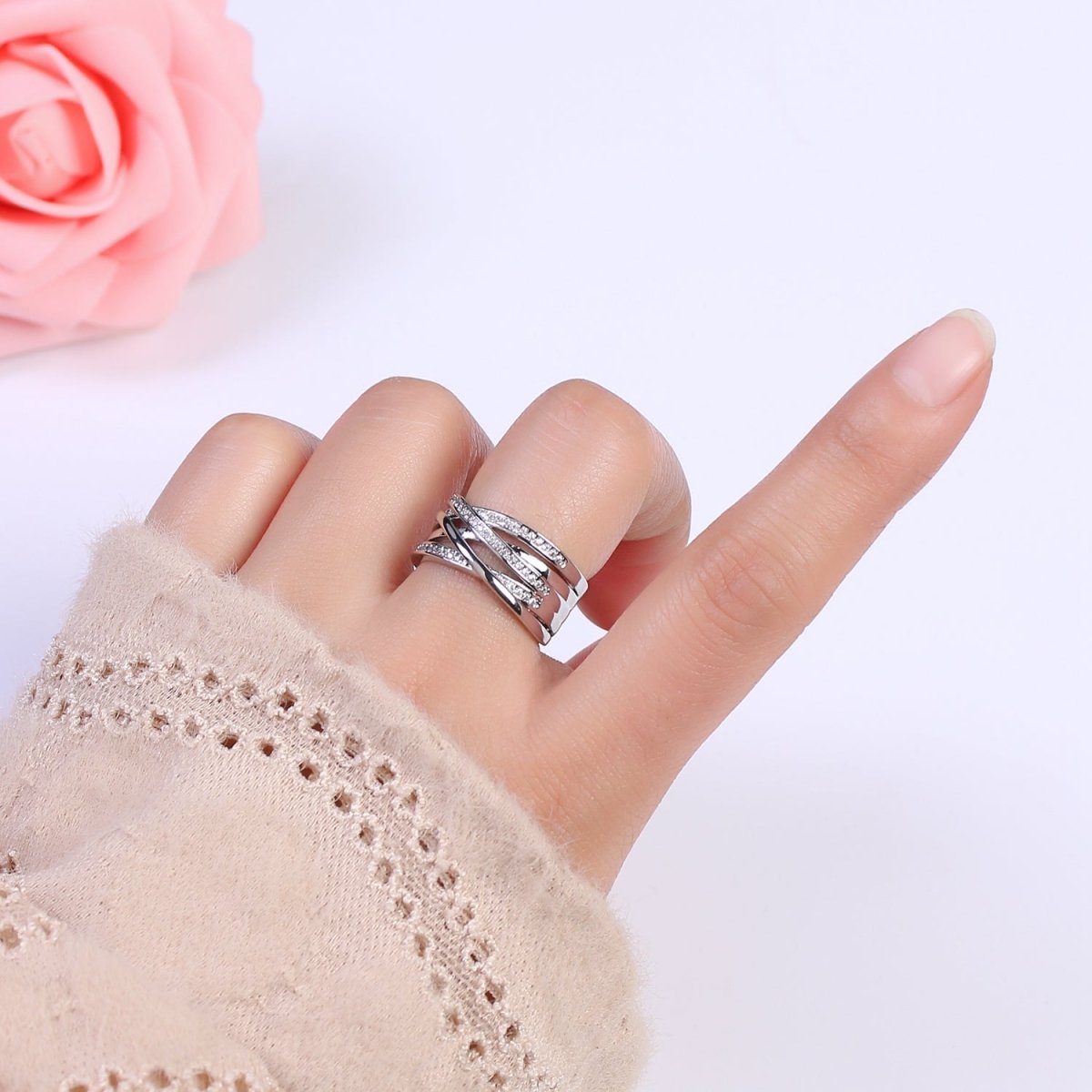 24K Gold Filled Three Layers Micro Pave Cubic Zirconia CZ Adjustable Ring in Gold & Silver, Thick Statement Ring S-350 S-351