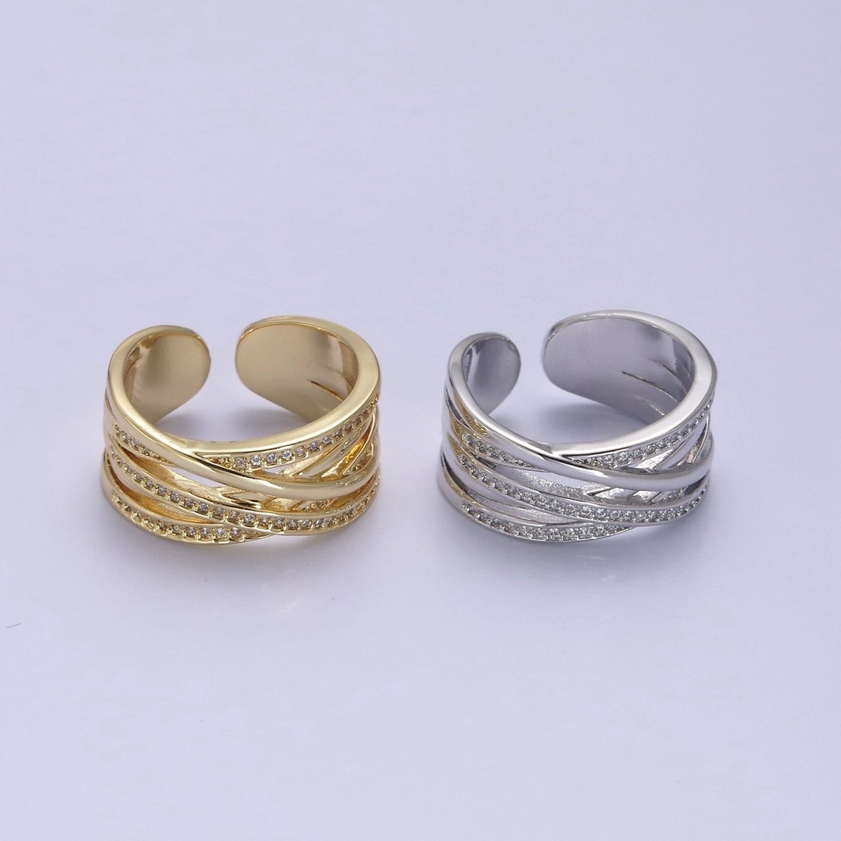 24K Gold Filled Three Layers Micro Pave Cubic Zirconia CZ Adjustable Ring in Gold & Silver, Thick Statement Ring S-350 S-351
