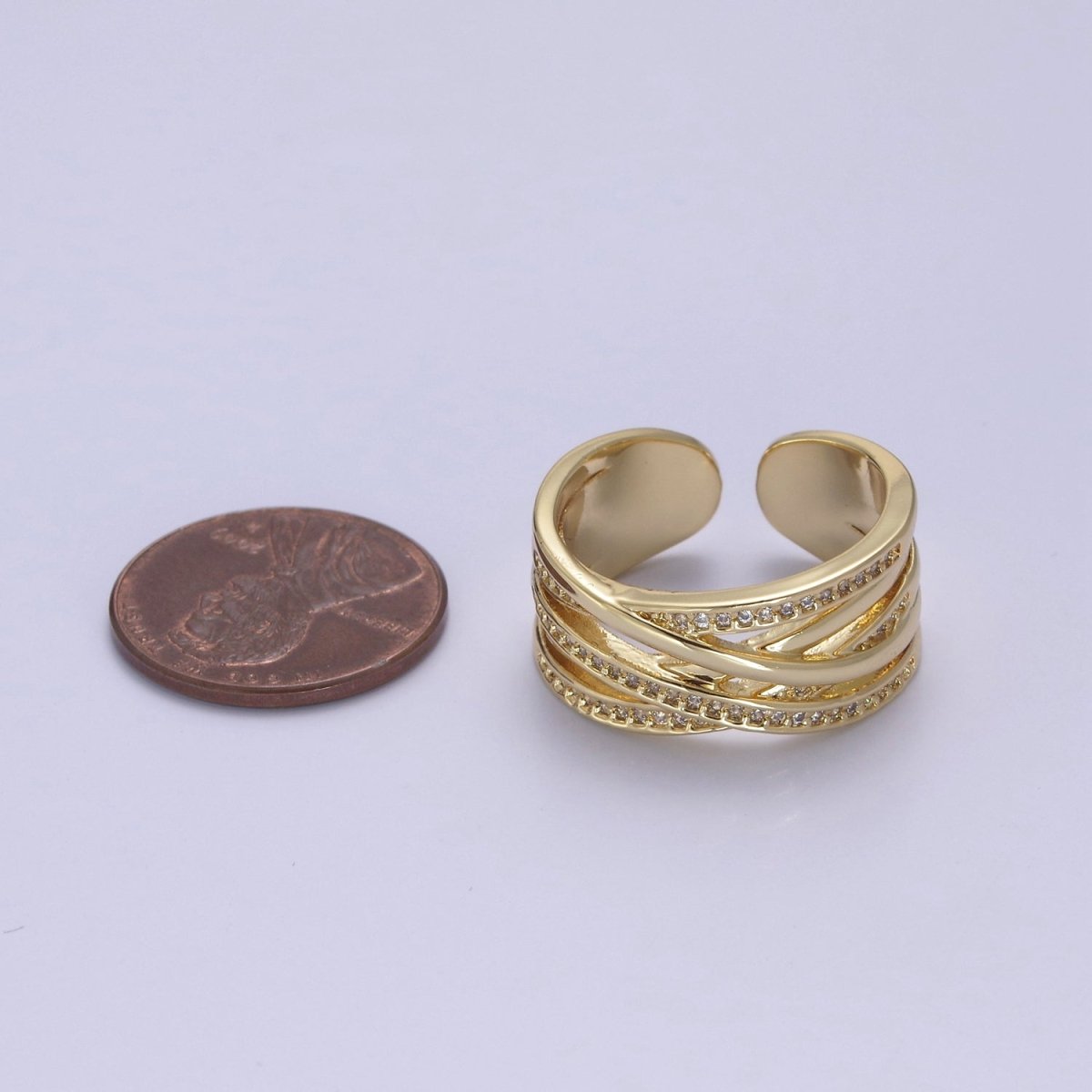 24K Gold Filled Three Layers Micro Pave Cubic Zirconia CZ Adjustable Ring in Gold & Silver, Thick Statement Ring S-350 S-351