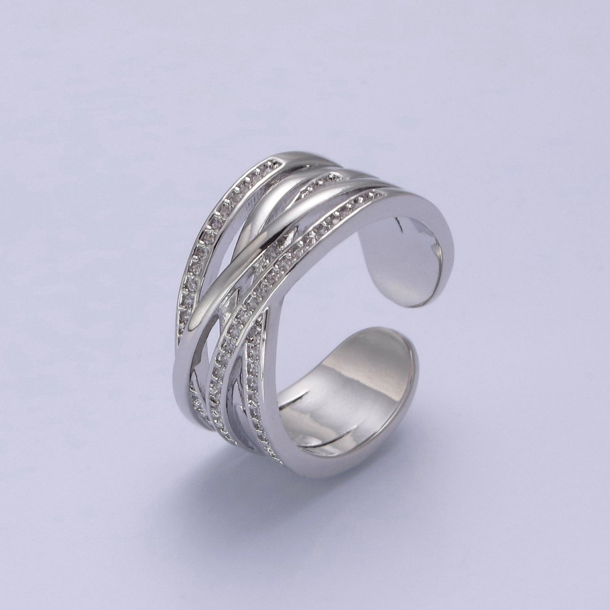 24K Gold Filled Three Layers Micro Pave Cubic Zirconia CZ Adjustable Ring in Gold & Silver, Thick Statement Ring S-350 S-351