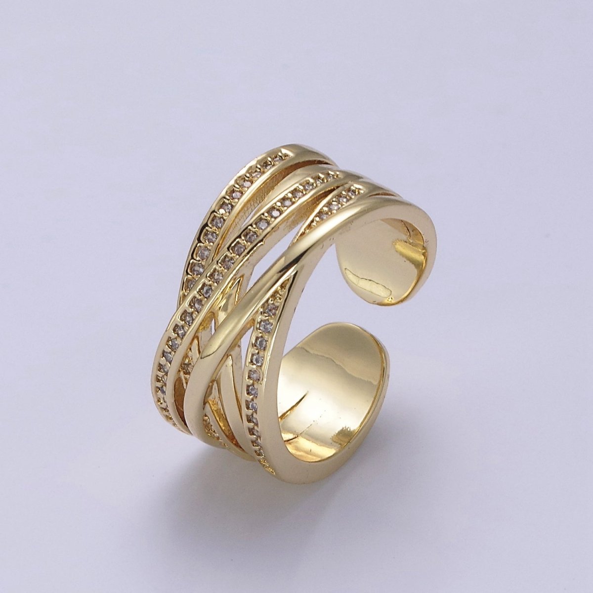 24K Gold Filled Three Layers Micro Pave Cubic Zirconia CZ Adjustable Ring in Gold & Silver, Thick Statement Ring S-350 S-351