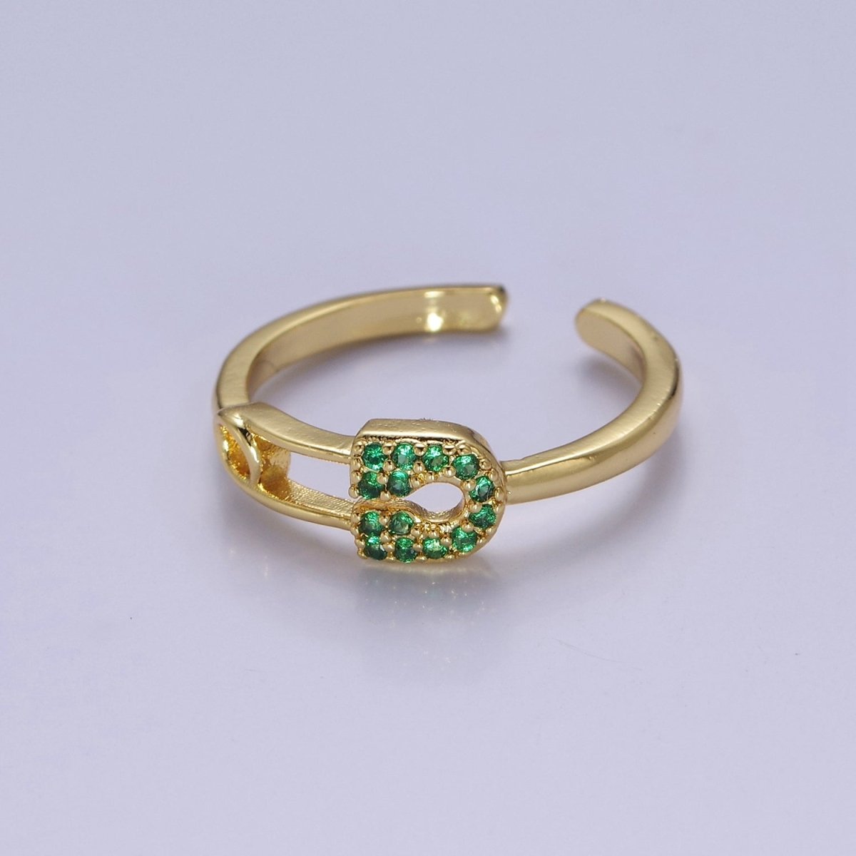 24k Gold Filled Tiny Safety Pin Ring | Emerald Green Micro Pave Dainty Ring O-2179