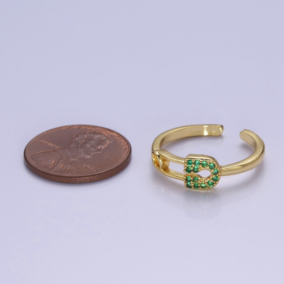 24k Gold Filled Tiny Safety Pin Ring | Emerald Green Micro Pave Dainty Ring O-2179