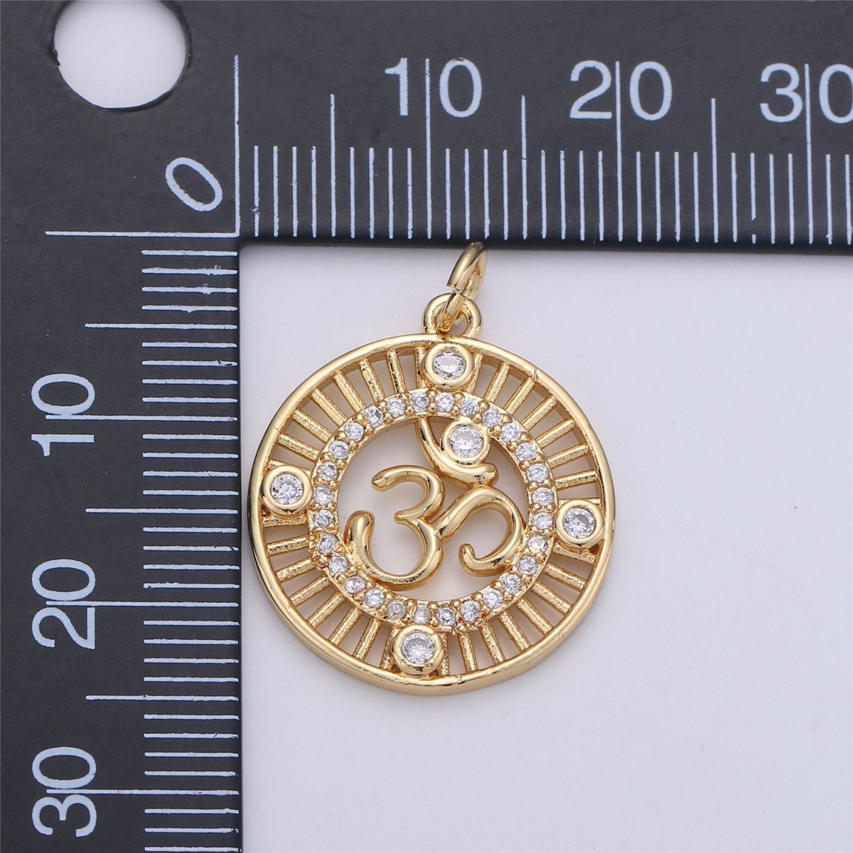 24K Gold Ohm Sign Charm, Peace Namaste Buddhism Prayer Micro Pave Cubic Zirconia CZ Stone for Necklace or Bracelet C-895