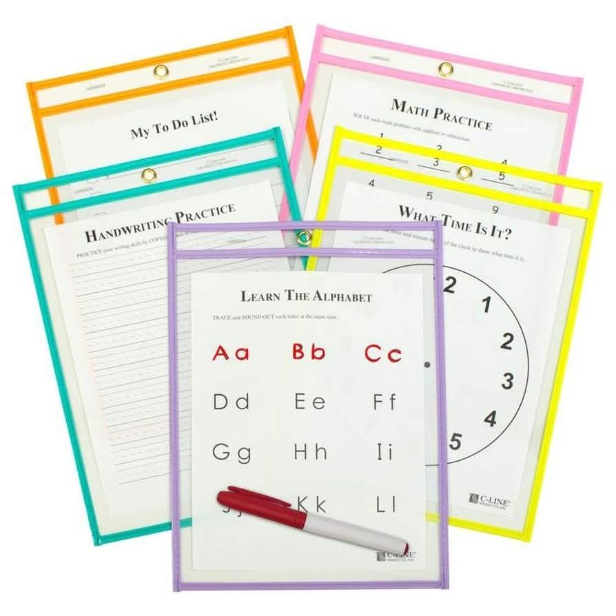 Lot de 25 pochettes effaçables à sec réutilisables – Couleurs assorties