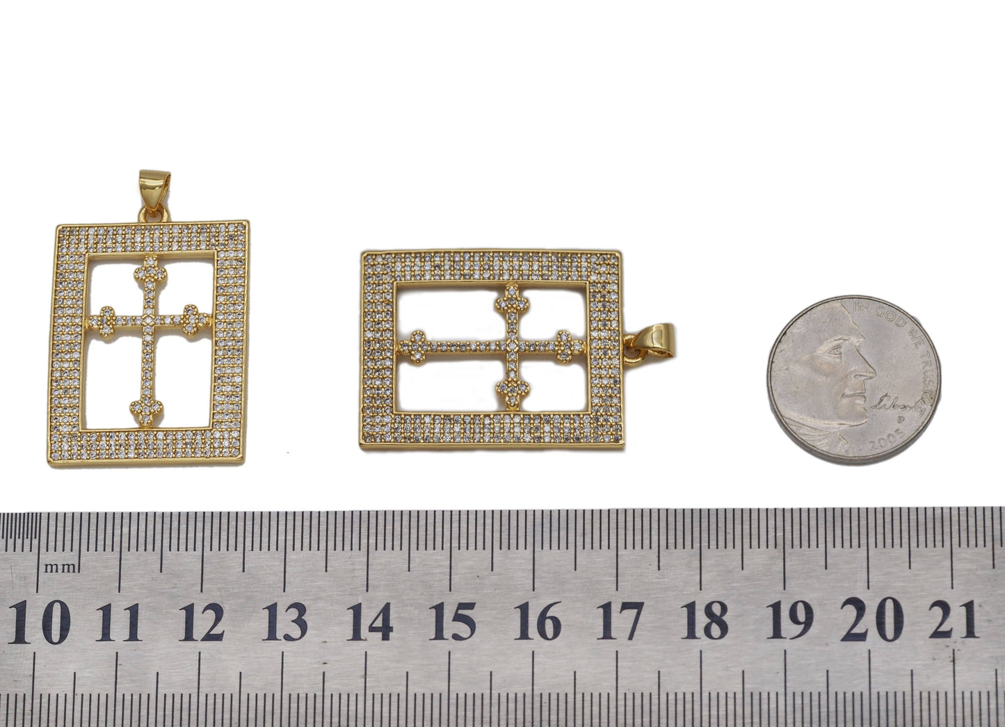 CZ Cross On Rectangle Frame Charm, Sku#LK616