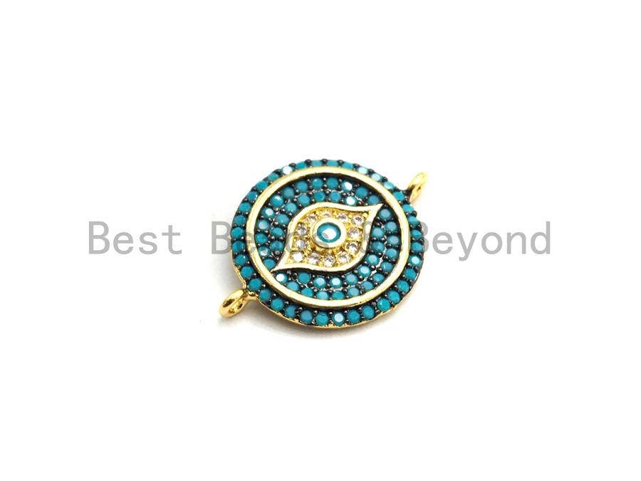 Colorful CZ Micro Pave Round Evil Eye Connector, Green/Black/Cobalt/Turquoise/Champagne/Fuchsia Spacer Connector, 15x21mm,sku#E415