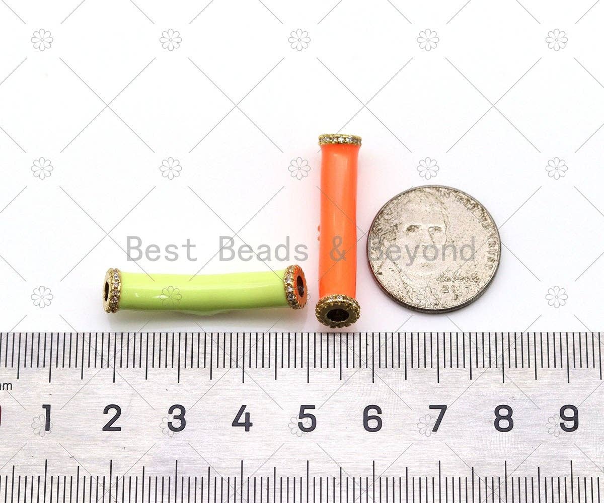 Enamel Colorful Long BarTube with Gold Evil Eye Shape Spacer, 18K Gold Filled CZ Large Hole Tube, Necklace Bracelet Pendant,Sku#LK502