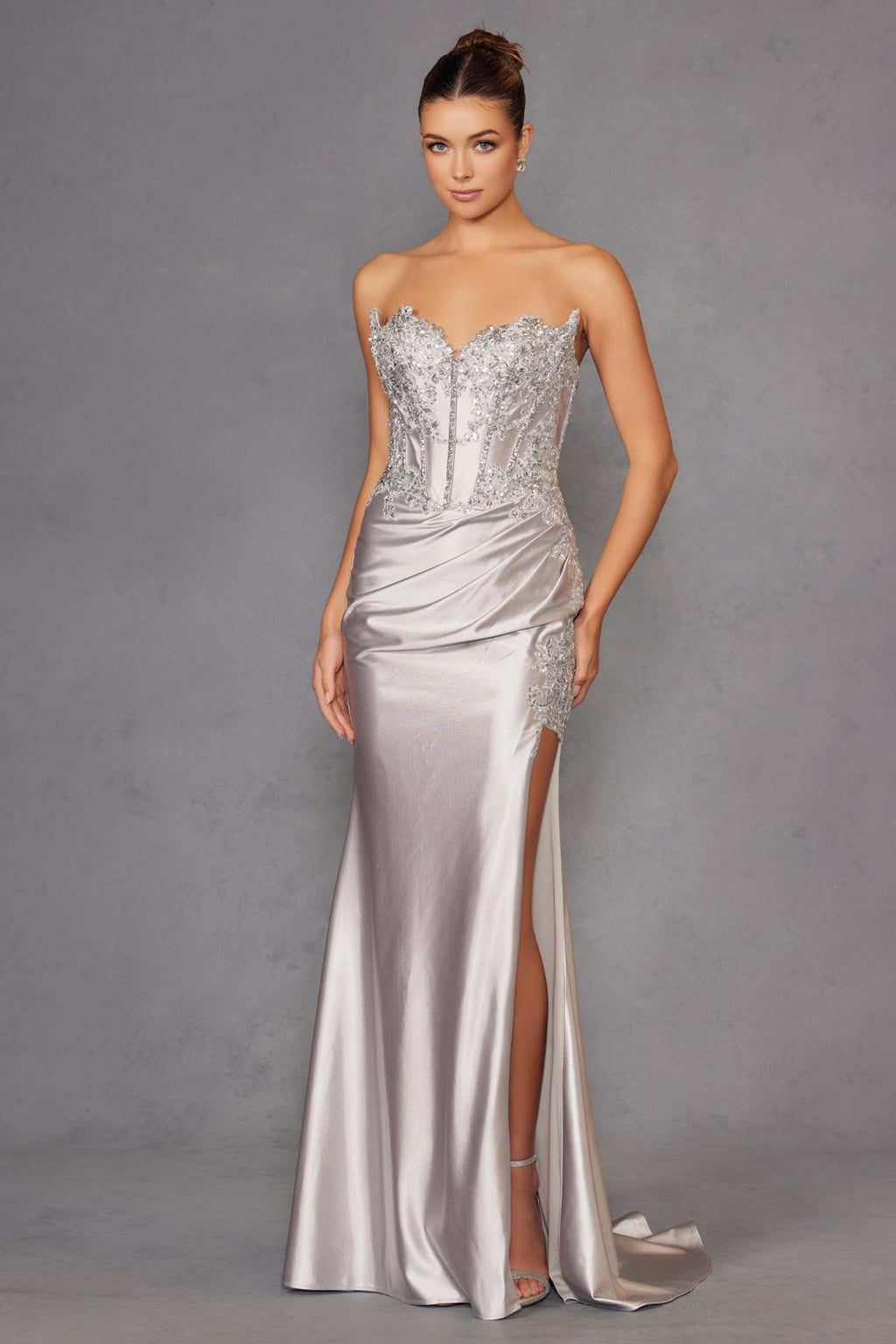 Juliet JT2536K Strapless Sweetheart Corset Back Fitted Satin Prom Gown