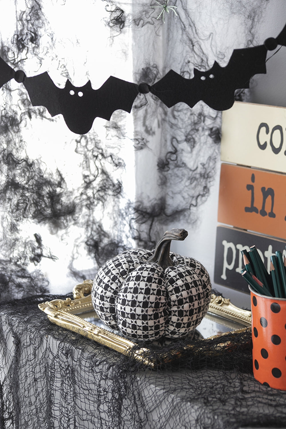 Set of 2 Fabric Black-White Plaid Pumpkin Decor